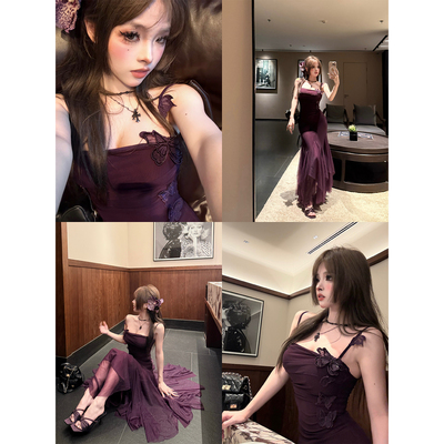 设计感中长款紫色薄纱吊带连衣裙