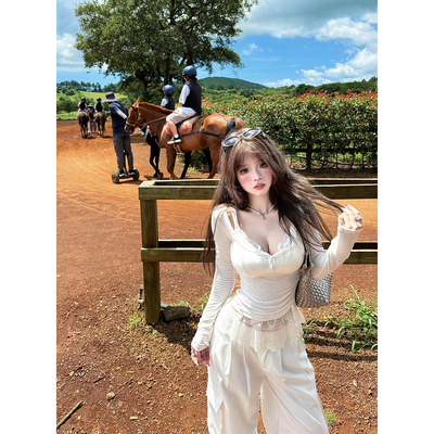 纯欲蕾丝吊带天丝羊毛罩衫两件套