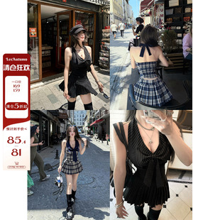设计感条纹挂脖吊带百褶短裙两件套 秋澄LeeAutumn 年终清仓