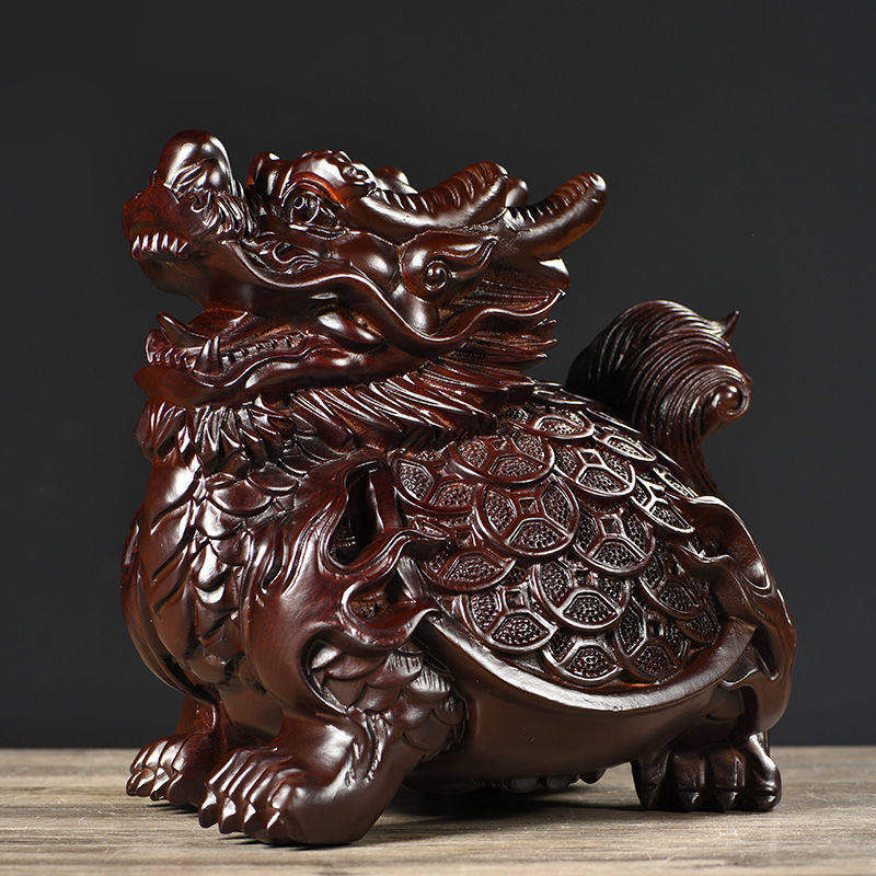 黑檀木雕刻金钱龙龟摆件