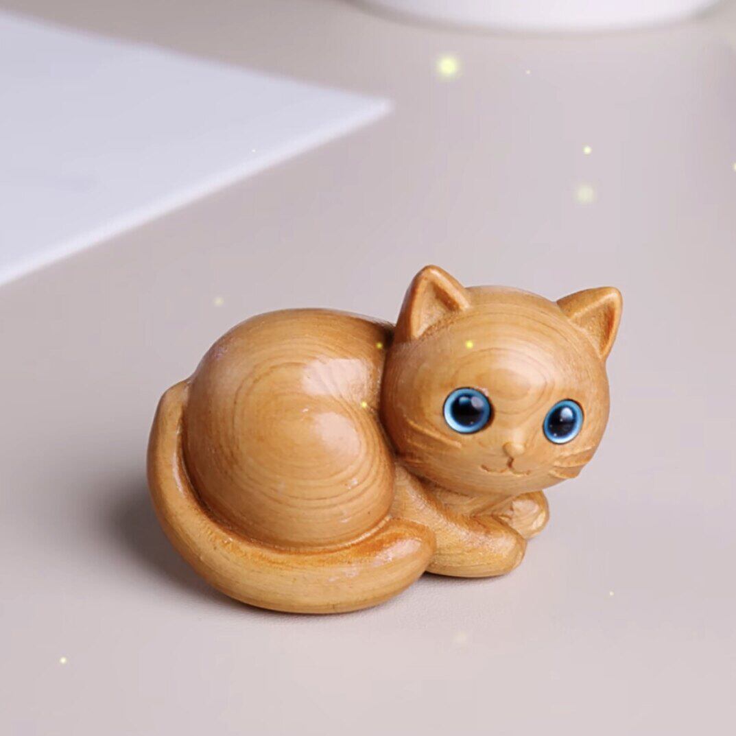 天然太行崖柏木雕可爱猫