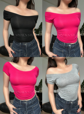 VINMEN STUDIO【清仓价】百变三色T 露肩褶皱弹力短袖T恤夏240311