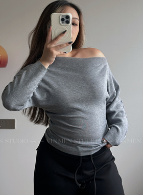 VINMEN松弛有度 斜肩收腰针织衫蝙蝠袖宽松长袖秋冬上衣250912