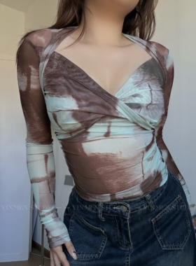 VINMEN假两件网纱上衣 迪丽热巴枭起青壤同款聂九罗长袖230624