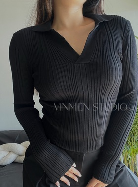VINMEN STUDIO螺纹小V翻领针织打底长袖上衣修身显瘦230826