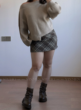 VINMEN学院风格子短裙 毛呢半身裙女高腰A字小个子遮胯251204