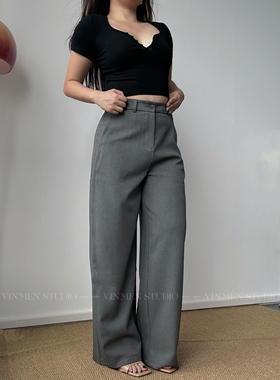 VINMEN潇洒老钱西裤 直筒裤高腰垂感休女宽松长裤250504