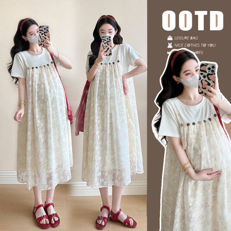 孕妇装2026新款夏季韩版时尚减龄雪纺提花裙宽松显瘦假两件连衣裙
