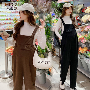 孕妇背带裤秋冬加绒2023新款套装小个子外穿灯芯绒吊带裤两件套厚