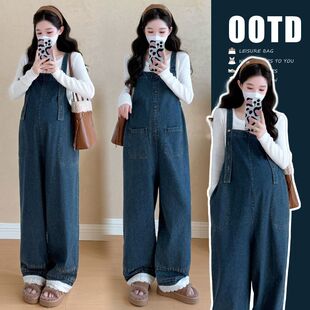 韩版 新款 时尚 牛仔背带裤 孕妇装 前后可穿针织上衣孕妇套装 2025秋季