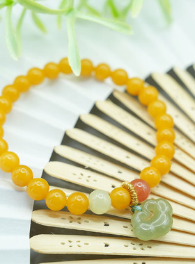 天然蜜蜡手串老蜜蜡圆珠和田玉如意锁吊坠南红配珠单圈手链