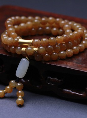 天然和田玉手串糖料圆珠且末糖黄搭配和田玉白玉随型珠毛衣链手链