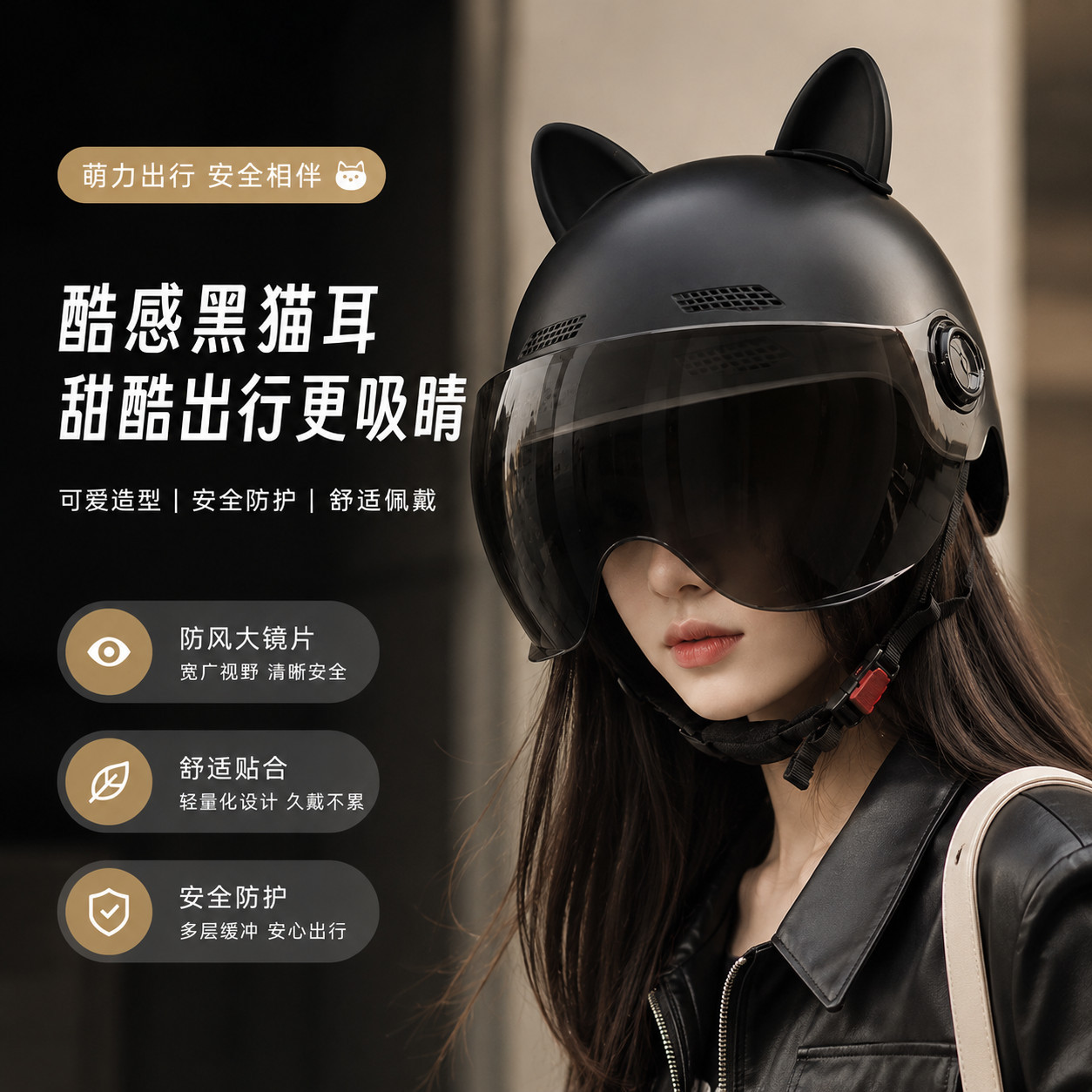 电动车半盔女士夏季防晒骑行防紫外线安全帽可爱猫耳朵头盔高颜值