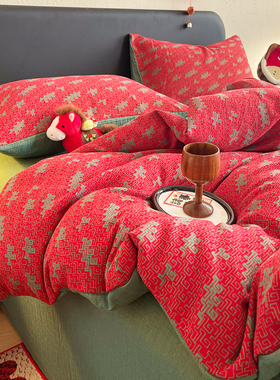 马年A类全棉双层纱红色百福被套单件100纯棉婚庆150x200x230被罩