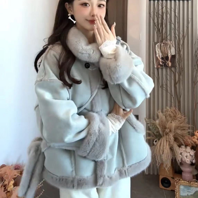 韩版高级感皮毛一体加厚外套女2024秋冬新款宽松小个子麂皮绒外套