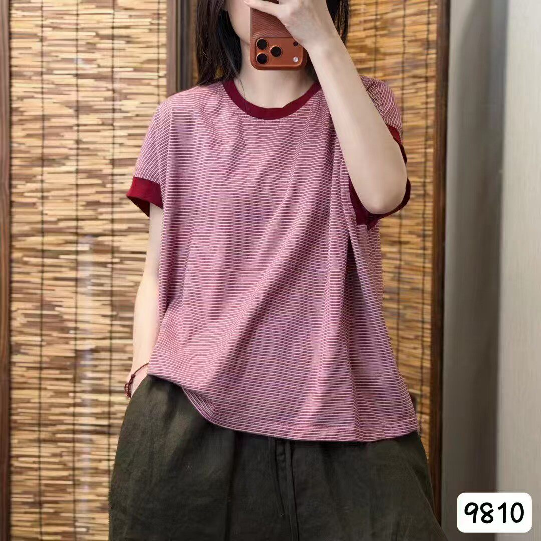 夏季条纹圆领宽松显瘦短袖T恤女
