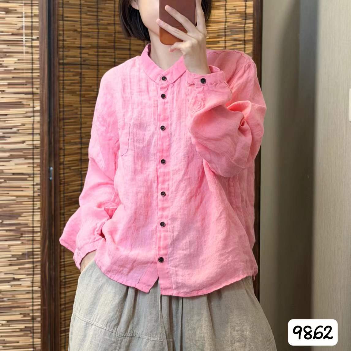 新款日系亚麻风翻领长袖衬衫