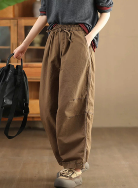 9239希哦春秋款文艺系带松紧腰哈伦裤立体拼接勾线长裤显瘦萝卜裤