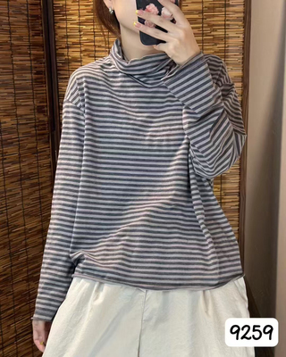 2025新款文艺范堆堆领条纹打底衫