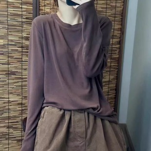 9238-新款秋季复古纯色针织棉长袖打底衫女简约基础款圆领T恤上衣