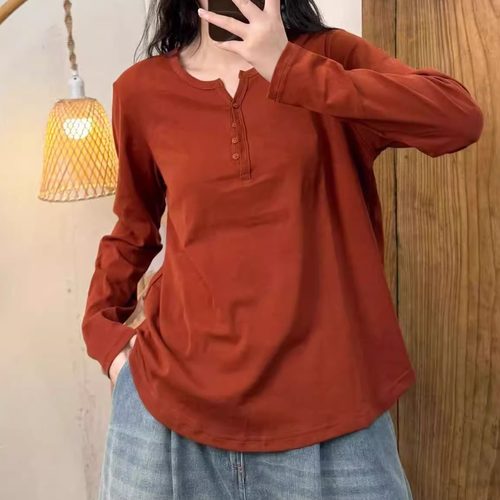 简约风纯色针织棉V领系扣打底