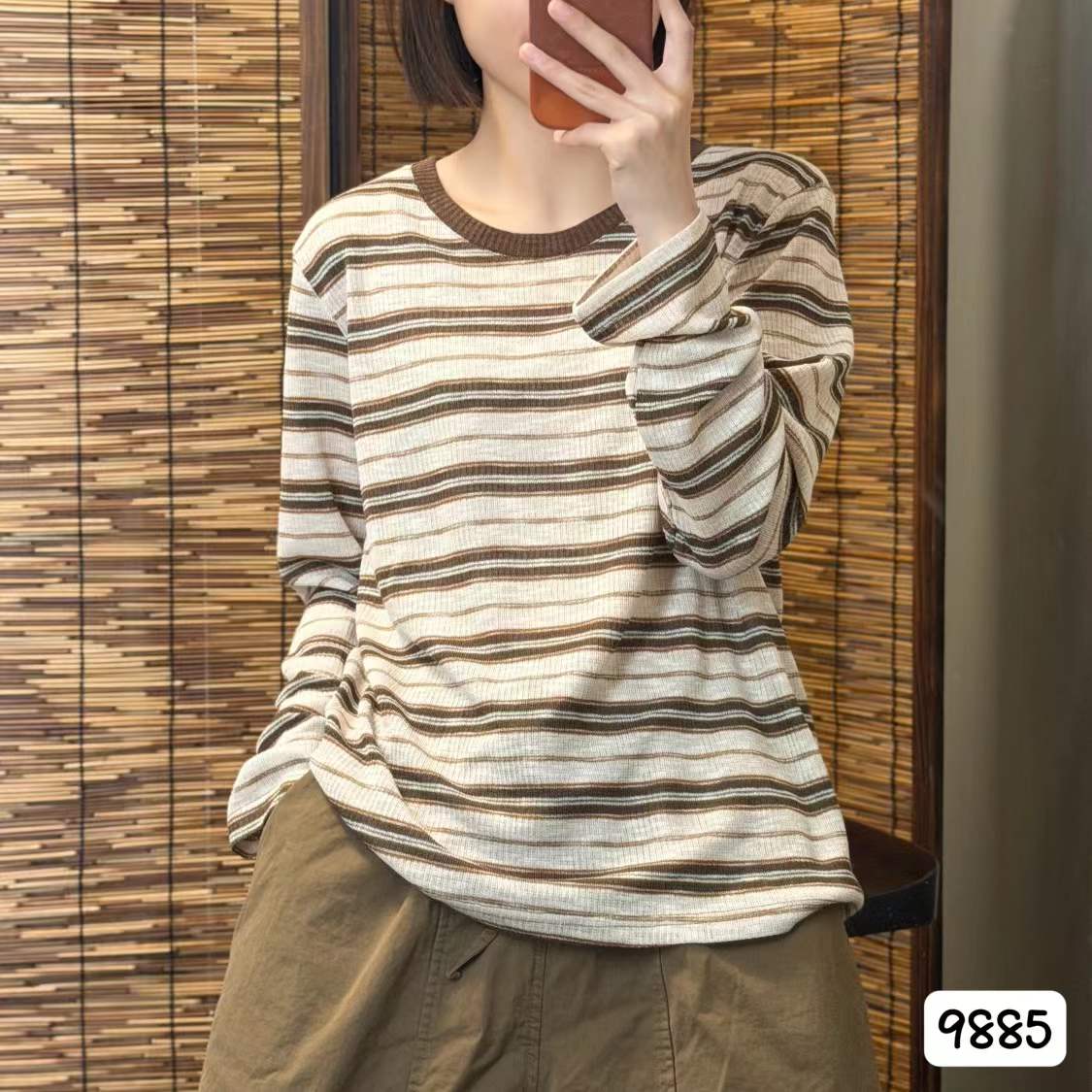 9885秋季新款针织棉条纹上衣女