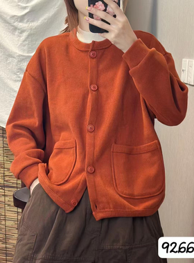 9266纯色小立领圆领百搭休闲长袖开衫单排扣纽扣双大口袋休闲卫衣