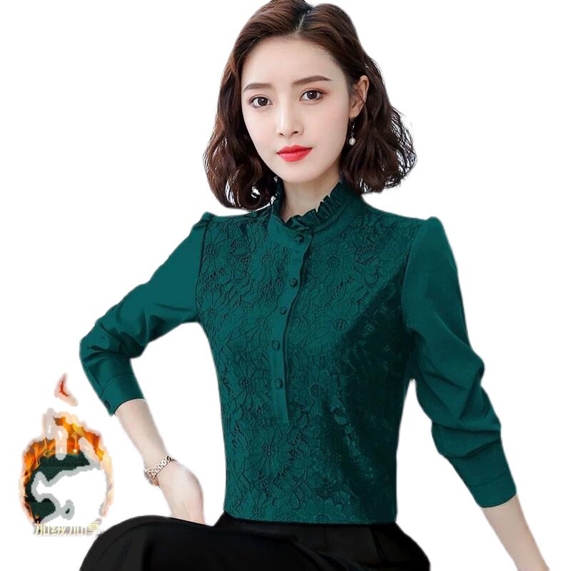 立领蕾丝打底衫女秋冬网s纱内搭洋气长袖上衣黑色高领加绒雪纺衬
