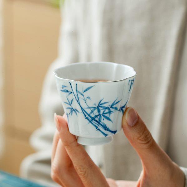 拓土描白金家用陶瓷功夫茶杯纯手绘青竹茶杯高端单个杯主人杯茶具