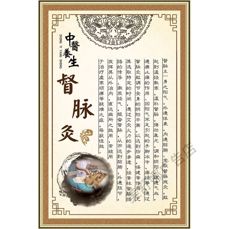 脐灸督脉灸海报贴纸中医艾灸养生挂画龙骨灸装饰画肩颈调理海报图