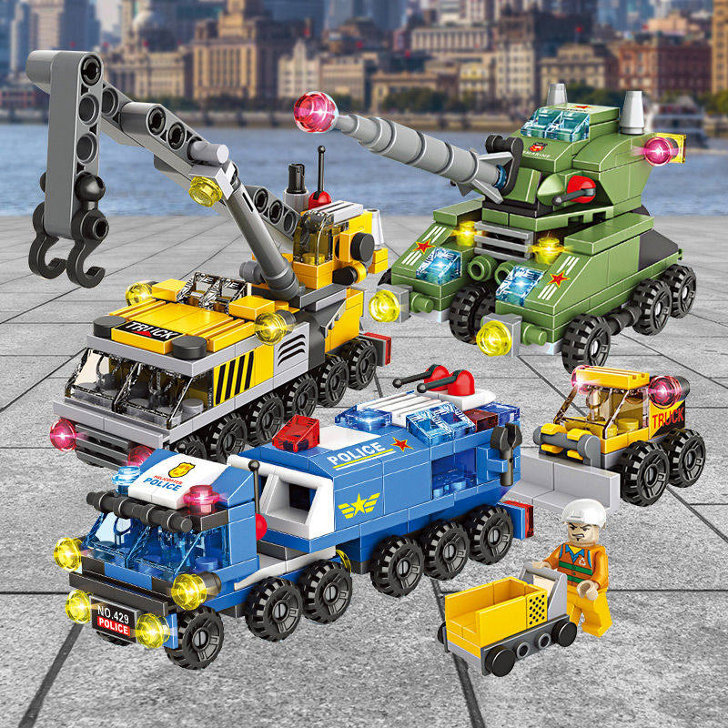 男孩中国积木系列六合一城市工程车消防警察益智拼装儿童玩具