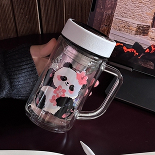 女士上班族水杯2026新款高颜值双层玻璃杯带把手茶水分离泡茶杯子
