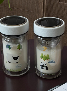 高级感熊猫双层玻璃杯办公室茶水分离杯子韩式便携加厚耐高温水杯