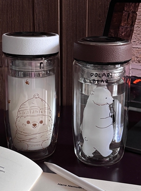 大熊男士双层玻璃杯男女生大容量水杯耐热泡茶个人专用食品级材质