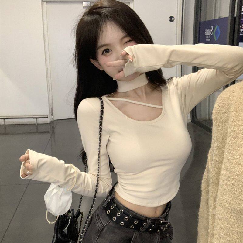 法式甜美高领镂空内搭T恤女秋冬季新款设计感短款打底衫长袖上衣