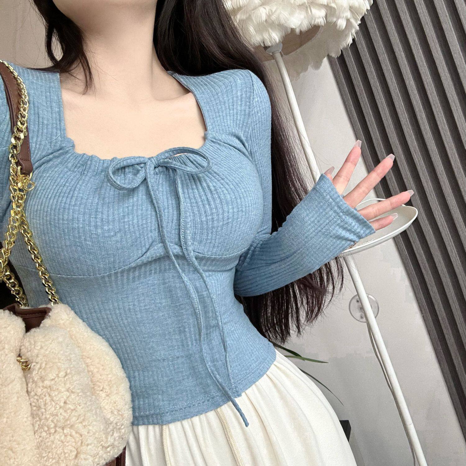 纯欲风方领长袖针织打底衫女春季辣妹风抽绳修身显瘦短款长袖上衣