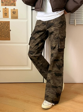 ZLAYCO美式复古迷彩多口袋修身工装裤嘻哈直筒显瘦微喇裤男女