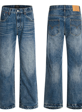 ZLAYCO复古蓝色水洗直筒牛仔裤男女四季高街百搭宽松直筒长裤