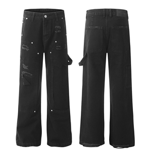 ZLAYCO美式复古破洞微喇伐木牛仔裤男女高街vibe毛边宽松直筒长裤