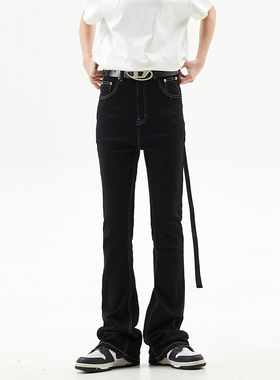 ZLAYCO美式复古飘带男微喇叭宽松牛仔裤春秋季vibe显瘦拼接长裤