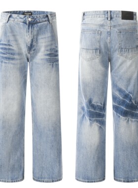 ZLAYCO美式复古水洗浅色磨白闪电竹节纹直筒宽松牛仔裤