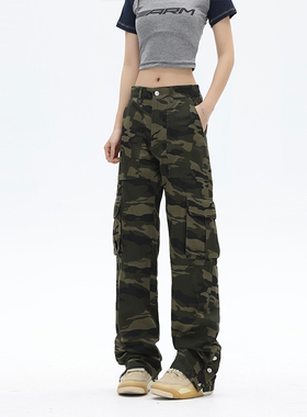 ZLAYCO 美式复古高街迷彩裤国潮男女宽松排扣直筒休闲口袋工装裤