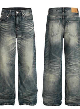ZLAYCO美式复古水洗猫须做旧牛仔裤男宽松直筒百搭长裤