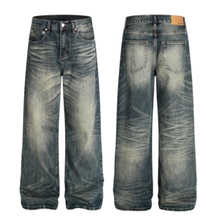 ZLAYCO美式复古水洗猫须做旧牛仔裤男宽松直筒百搭长裤