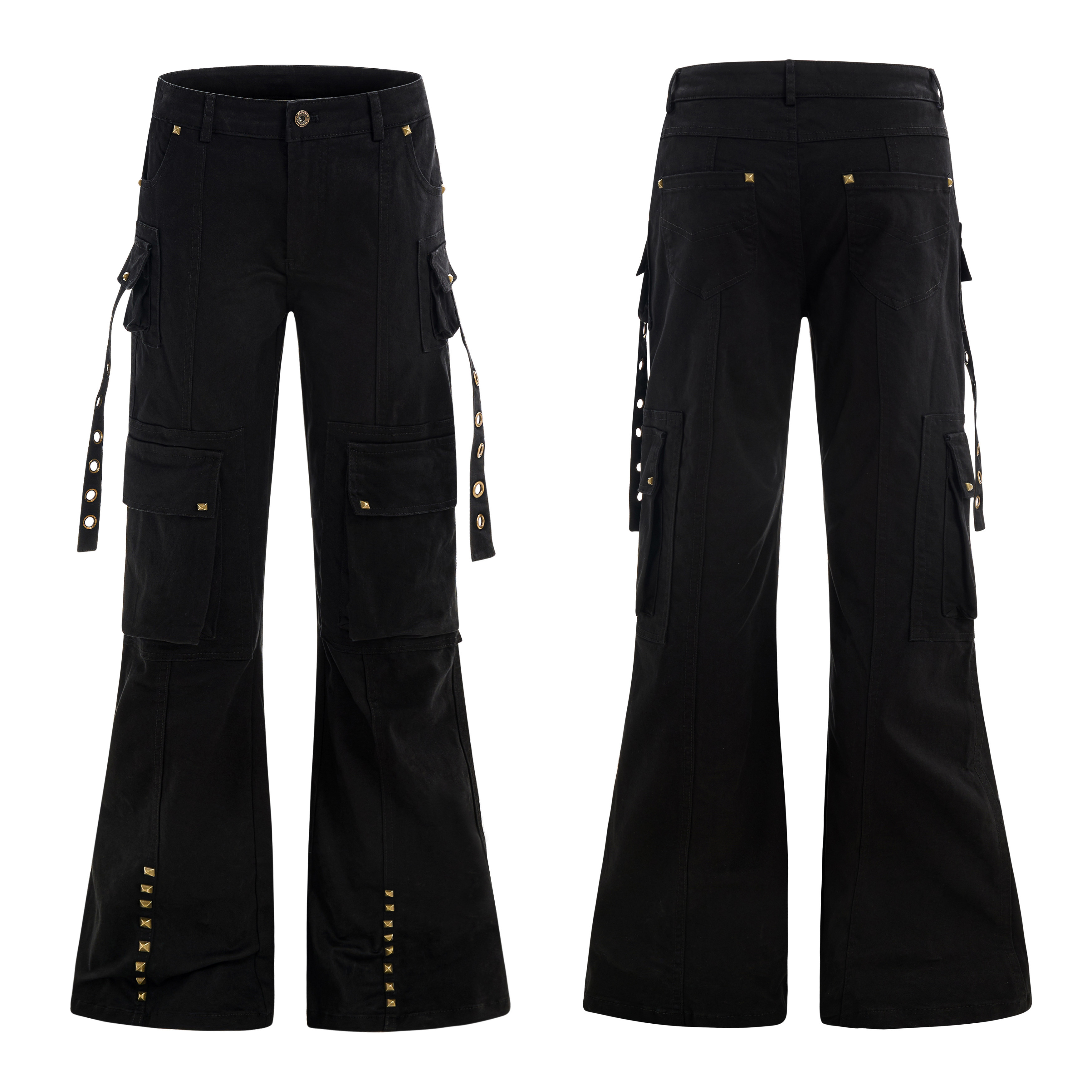 ZLAYCO美式vibe飘带黑色修身微喇牛仔裤cleanfit铆钉多口袋工装裤,男装,休闲裤,淘宝优惠券,粉丝福利购,淘宝优惠卷