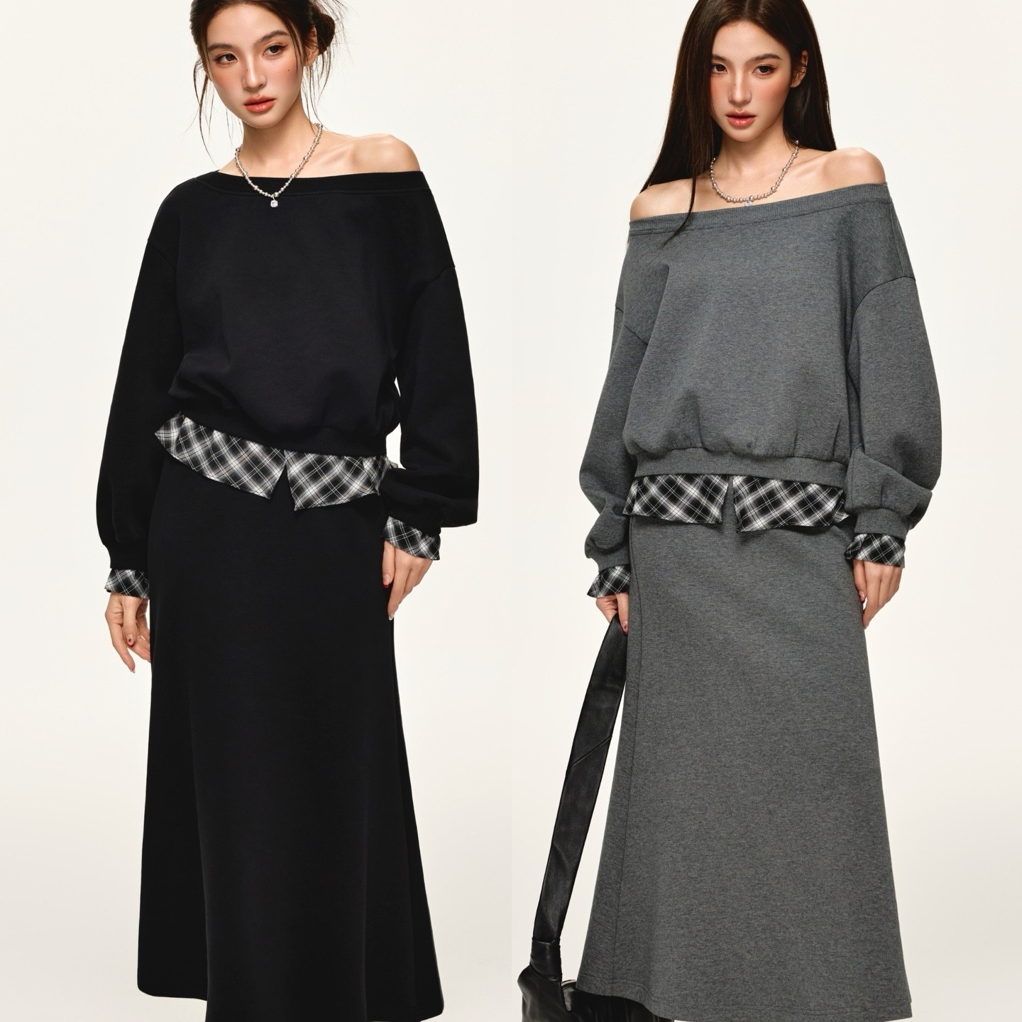 年轮格纹一字肩套装裙