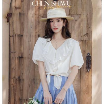 CSW·陈十五26夏季【露娜】天丝麻v领荷叶边兔耳结下摆收腰小衫