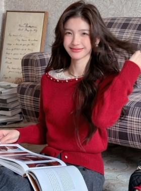 陈十五25秋冬【落落晨星】重工钉珠斜肩蕾丝羊毛混纺毛衣圣诞新年