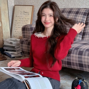 陈十五25秋冬【落落晨星】重工钉珠斜肩蕾丝羊毛混纺毛衣圣诞新年