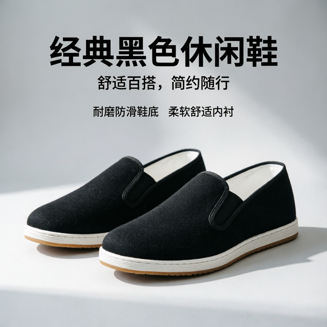 经典黑色丝瓜络布鞋男休闲一脚蹬透气软底中老年布鞋舒适